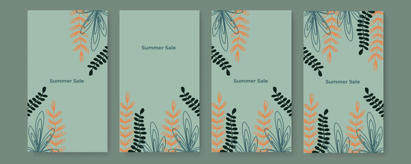 Vector design templates in simple modern style with copy space for text, flowers and leaves - wedding invitation backgrounds and frames, social media stories wallpapers