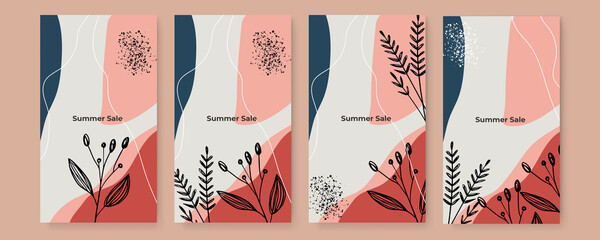 Vector design templates in simple modern style with copy space for text, flowers and leaves - wedding invitation backgrounds and frames, social media stories wallpapers