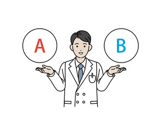提案する医者　科学者　白衣を着た男性　選択　プラン　イラスト素材