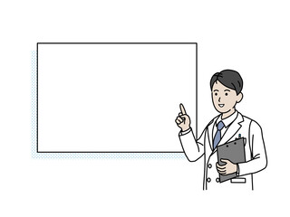 医者　科学者　白衣を着た男性　指示　教える　説明　コピースペース　イラスト素材