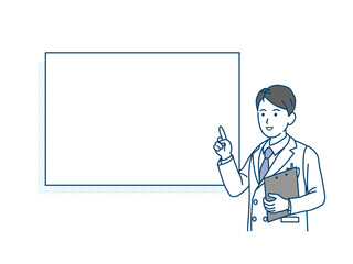 医者　科学者　白衣を着た男性　指示　教える　説明　コピースペース　イラスト素材