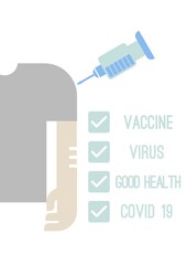Illustration of a person in a gray shirt vaccinating a syringe to the head to fight the Covid-19 Coronavirus.  Vaccines stop the spread of the virus.  Illustrations for medical publications