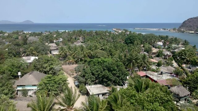 a small village among palm trees near the beach and the pacific ocean