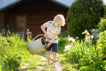 Cute little boy watering plants in the garden at summer sunny day. Summer outdoors activity and labor for kids during holidays. Happy childhood.