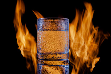 glass of tequila in drops of water on a black background