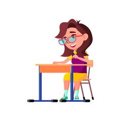 happy intelligence girl make exercise in classroom at desk cartoon vector. happy intelligence girl make exercise in classroom at desk character. isolated flat cartoon illustration