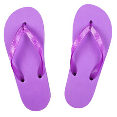 purple rubber beach flip flops on a white background, isolate, view from above