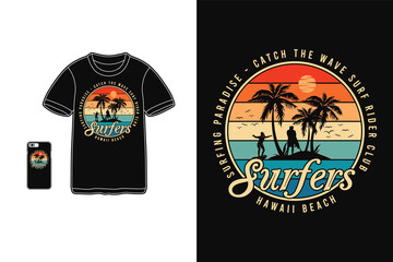 Surfers hawaii beach, t shirt design silhouette retro style