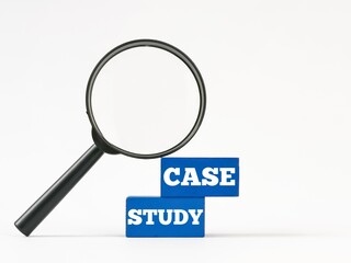 Text case study written on blue wooden blocks with magnifying glass against white background.