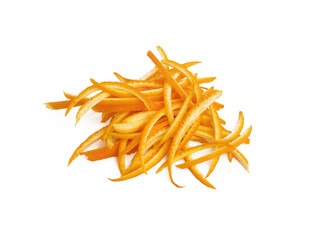 Finely chopped orange peels isolated on white background, concept of confiture