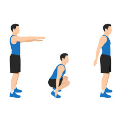 Man doing Hindu squats exercise. Flat vector illustration isolated on white background