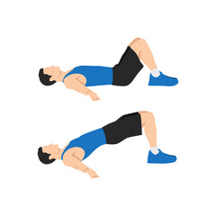 Fototapeta na wymiar Man doing Hip raises. Butt lift. bridges exercise. Flat vector illustration isolated on white background