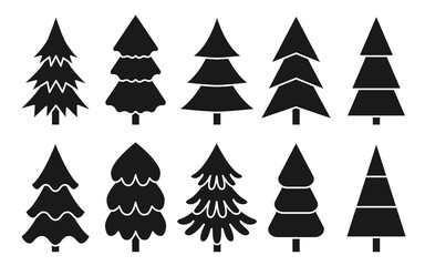 Tree various christmas black silhouette glyph set on the white background. Minimalistic simple thin white line icons. Shape with corners, soft lines and rounded. For gift paper, decoration element