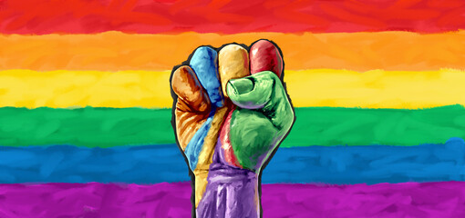 Pride social justice and gay rights community support or LGBT and LGBTQ community tolerance as a rainbow color symbol - obrazy, fototapety, plakaty