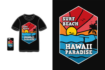 Hawaii beach, t shirt design silhouette retro style