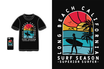 Long beach surf season, t shirt design silhouette retro style