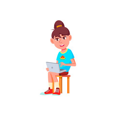 smiling girl using laptop for surfing in internet cartoon vector. smiling girl using laptop for surfing in internet character. isolated flat cartoon illustration