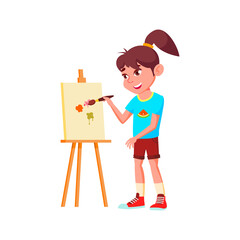 pretty caucasian girl draw image on canvas with brush and paint cartoon vector. pretty caucasian girl draw image on canvas with brush and paint character. isolated flat cartoon illustration