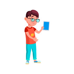 sad boy kid bring broken tablet in service cartoon vector. sad boy kid bring broken tablet in service character. isolated flat cartoon illustration