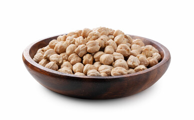Chickpeas in a wooden dish on a white background.