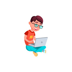 happy preteen boy sitting in garden and watching funny video on notebook cartoon vector. happy preteen boy sitting in garden and watching funny video on notebook character. isolated flat cartoon