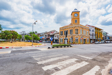 Chino-Portuguese style building with clock tower after renovated located at Phuket old town, landmark of Phuket Town, Phuket