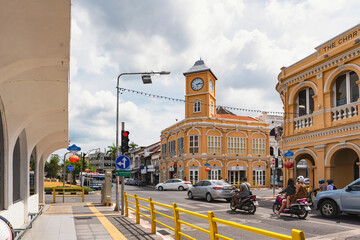 Chino-Portuguese style building with clock tower after renovated located at Phuket old town, landmark of Phuket Town, Phuket