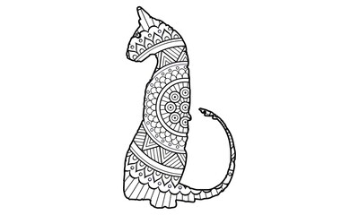Stylized colorful doodle cat. Hand drawn cartoon animal illustration, coloring book page. Decorative ornate for T-shirt emblem, logo or tattoo. Zen art, isolated design element