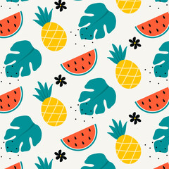 Summer pattern. Bright summer composition. Flat lay colorful fruit and flower