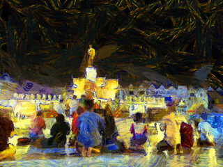 People are praying for blessings from monuments in Thailand Illustrations creates an impressionist style of painting.