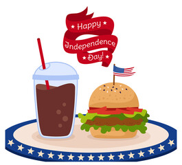 Card fast food with flag American Independence Day ribbon. Hamburger and cup coffee to go USA flags. Poster tape American patriotic independence festival. Soda takeaway. Isolated vector