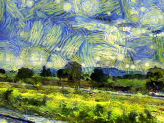 Sky and grassland, trees Illustrations creates an impressionist style of painting.