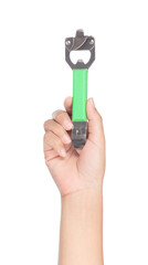 hand holding Plastic bottle opener Isolated On White Background.