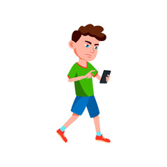 sad boy walking on street and play game on smartphone cartoon vector. sad boy walking on street and play game on smartphone character. isolated flat cartoon illustration