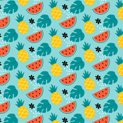 Summer pattern. Bright summer composition. Flat lay colorful fruit and flower