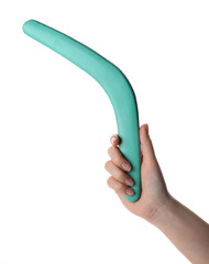 Woman holding turquoise boomerang on white background, closeup
