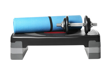 Step platform, mat and dumbbell on white background. Sports equipment