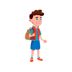 schoolboy with rucksack waiting school bus on bus stop cartoon vector. schoolboy with rucksack waiting school bus on bus stop character. isolated flat cartoon illustration