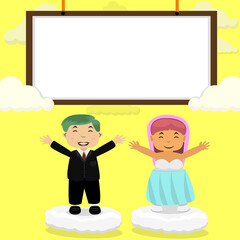 Vector Illustration Of Couple Wedding Template, White Board, Sky and Yellow Color Background.