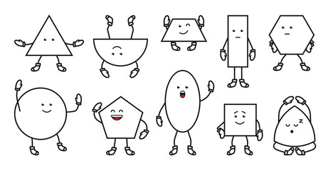 Cute outline geometric shapes with smiling expression. Set icons simple basic math shapes with eyes and hands. Square and circle, ellipse and triangle. Learning material. Isolated vector illustration