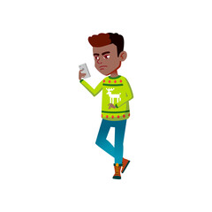 sad african boy reading negative message on phone display cartoon vector. sad african boy reading negative message on phone display character. isolated flat cartoon illustration
