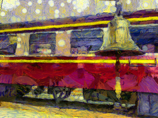 Fototapeta premium Thai train and bell Illustrations creates an impressionist style of painting.