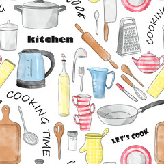 Seamless Sketch pattern cartoony kitchenware with black inscriptions: cook, kitchen, let's cook, cooking time on a white background