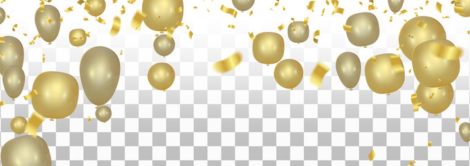 Vector party new balloons gold color illustration. Confetti and ribbons flag ribbons, Celebration background template