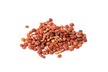Pile of raw red quinoa seeds on white background. Vegetable planting