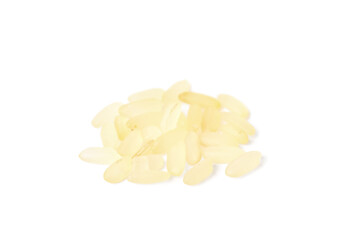 Pile of raw rice on white background. Vegetable planting