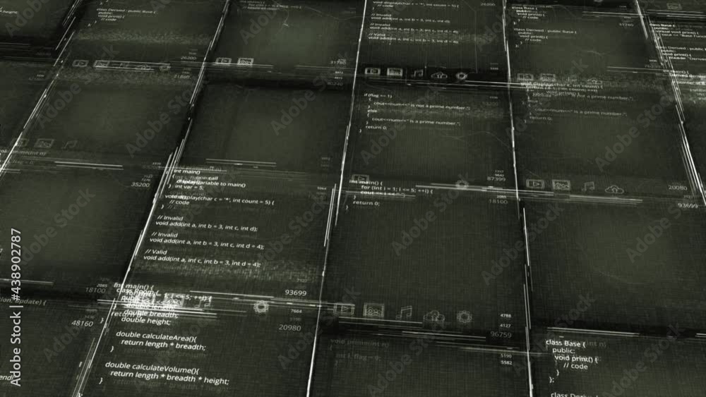 Poster digital text flying in rows of dark green blurred cells. animation. futuristic background with runni