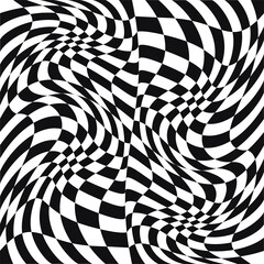 Twisted and checkered. Vector black and white squares. Race flag chess ornament. Convex and curl seamless squares.