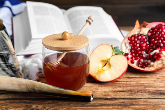 Honey, Pomegranate, Apples And Shofar On Wooden Table. Rosh Hashana Holiday