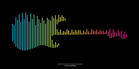 Vector electric guitar shape by equalizer strip line pattern colorful spectrum color isolated on black background in concept of music.